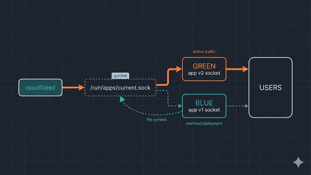 Blue green deployment with Unix sockets and a symlink